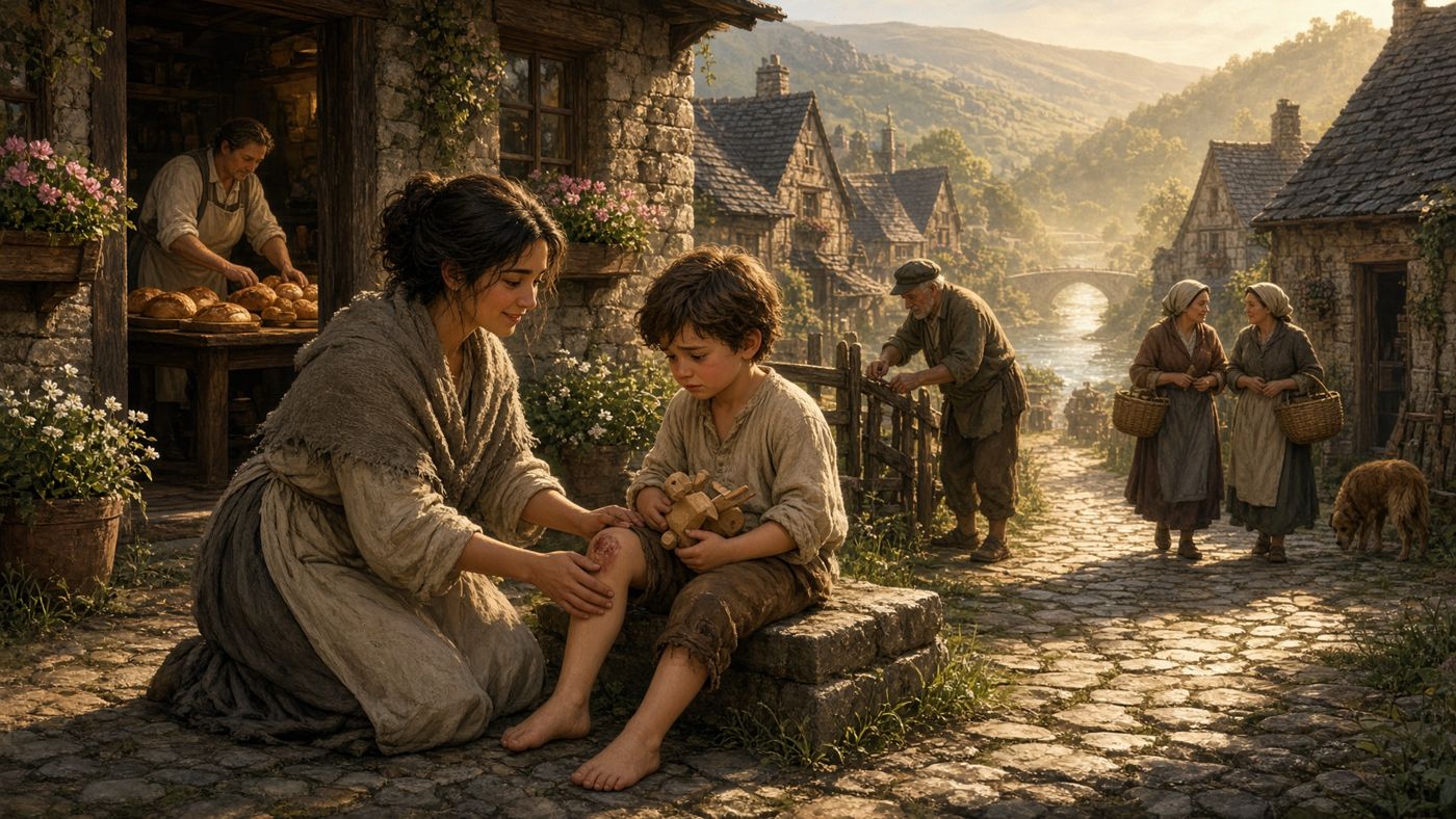 Concept art: Amara kneels to tend a boy's scraped knee in a sunny village lane while villagers go about their day