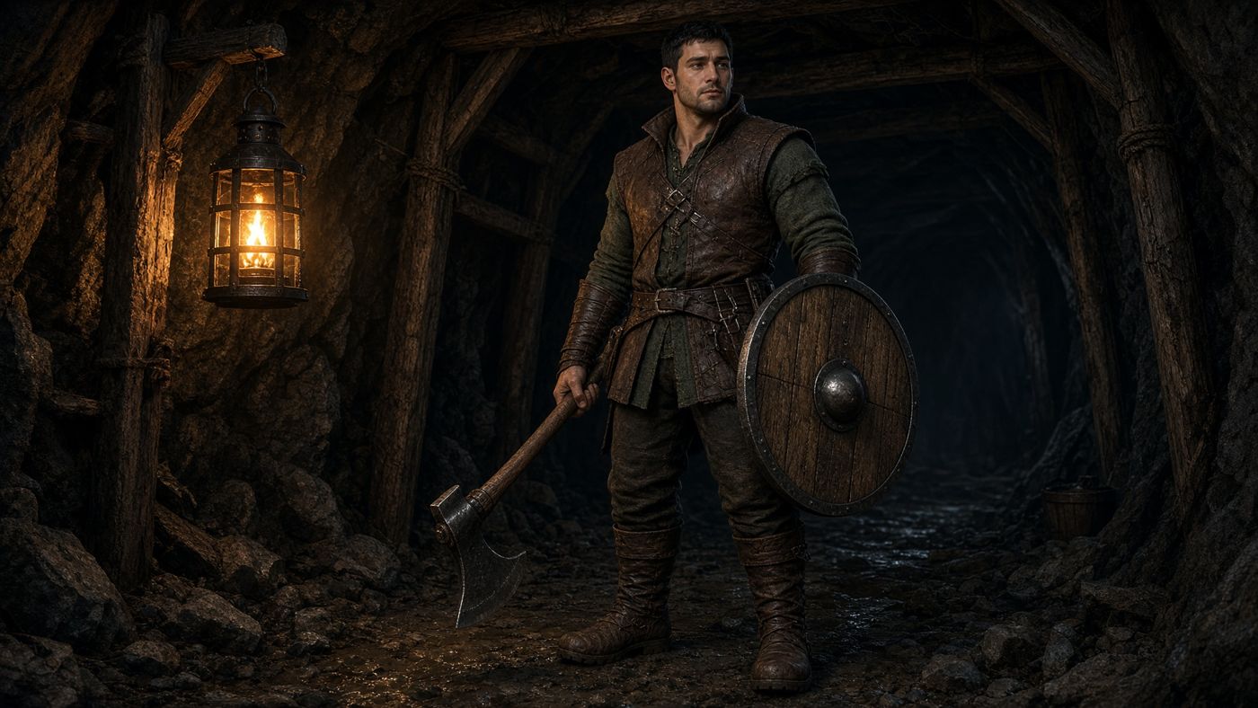 Concept art of Ash: a broad-shouldered man in a green wool tunic and leather jerkin with a bearded axe and round wooden shield, in a lantern-lit mine tunnel