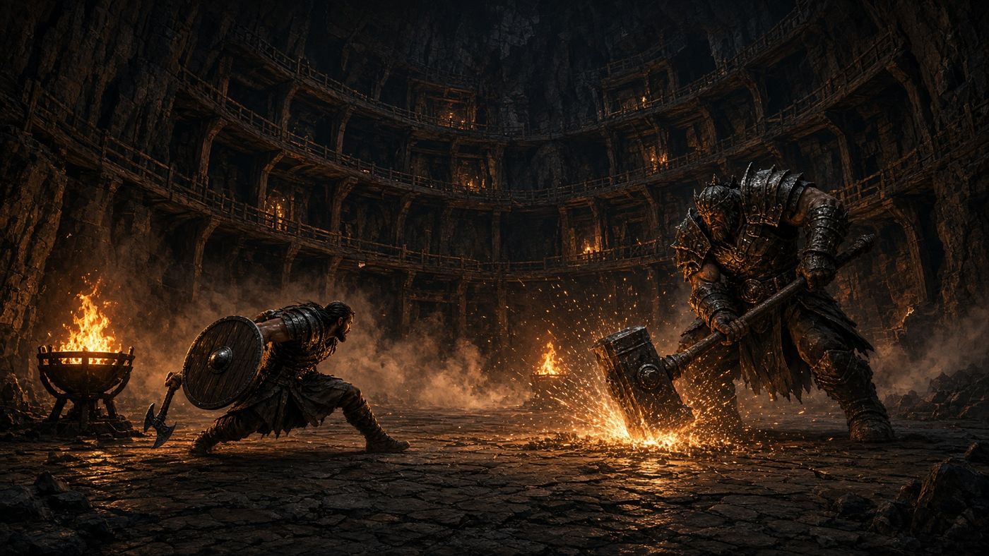 Concept art: Ash rolls aside as a huge armoured boss slams a hammer into the stone floor of a brazier-lit hall