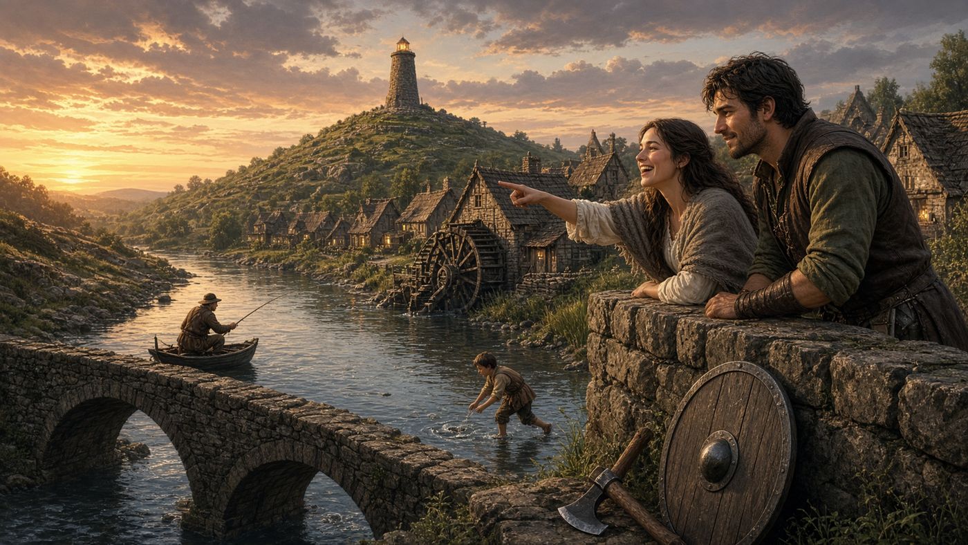 Concept art: Ash and Amara lean on a stone bridge at sunset as she points down the river, a fisherman and a boy below