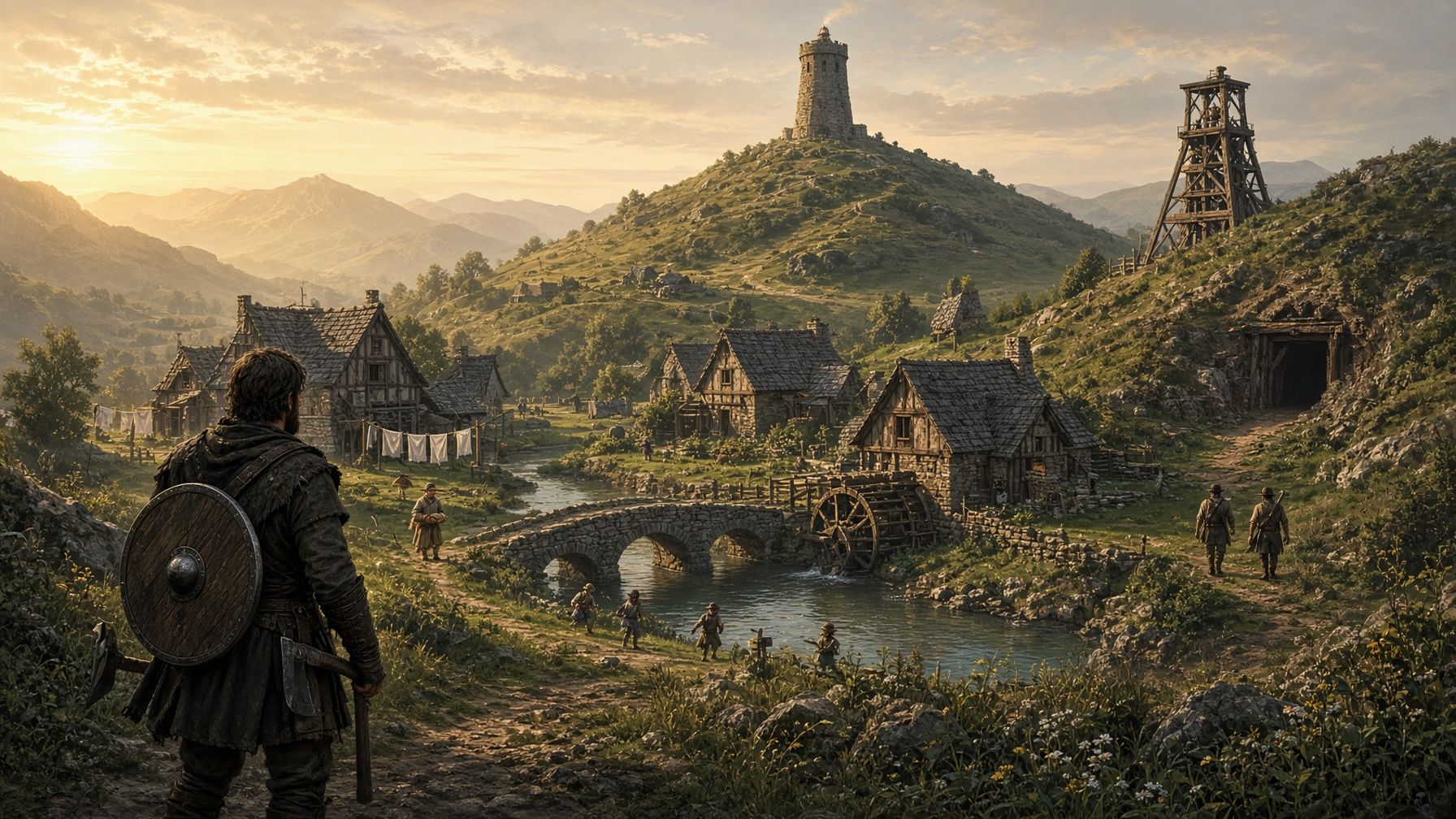 A traveler with an axe and round shield on his back looks down at a river mining village at golden hour, a beacon tower on the green mound behind it and a timber mine headframe at its edge