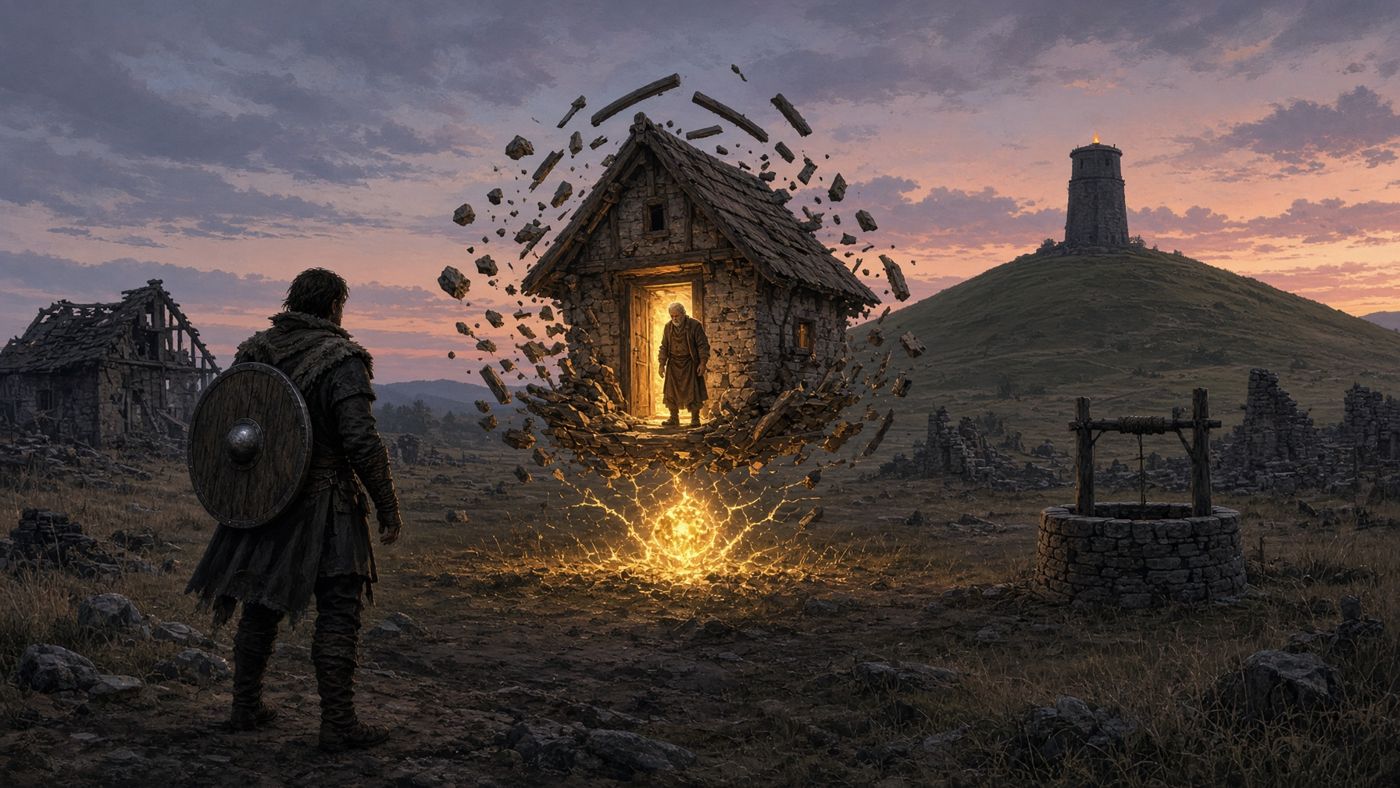 Concept art: in an emptied village at twilight, a glowing orb cracks open and a cottage rebuilds itself as an old craftsman stands in its doorway