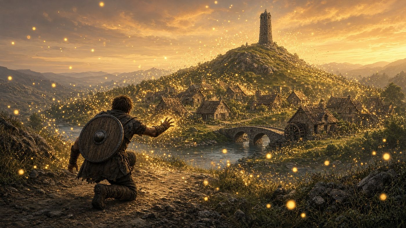 Concept art: a whole village breaks into golden light and drifting orbs while a traveler kneels on the road, reaching out