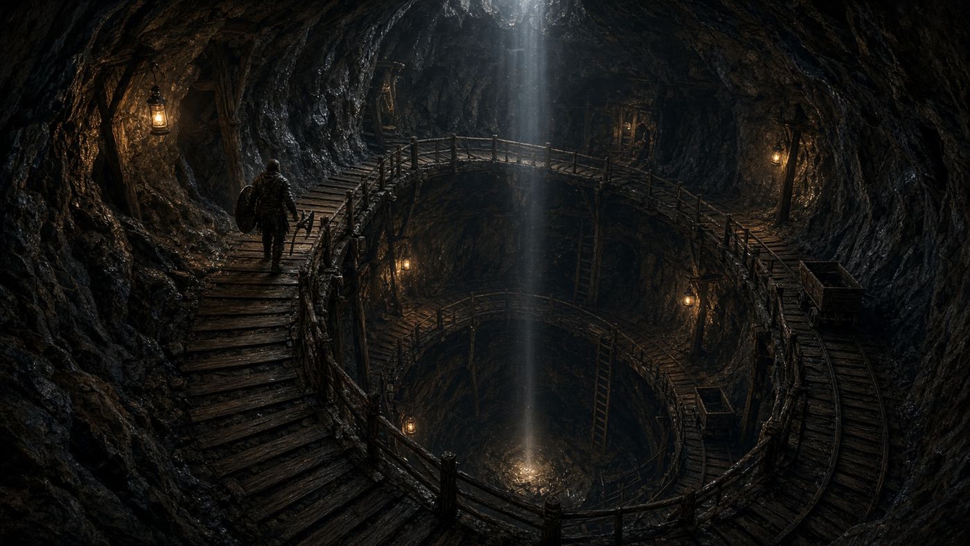 Concept art: a vast spiral mine with timber ramps around a deep pit, lanterns and a single shaft of daylight