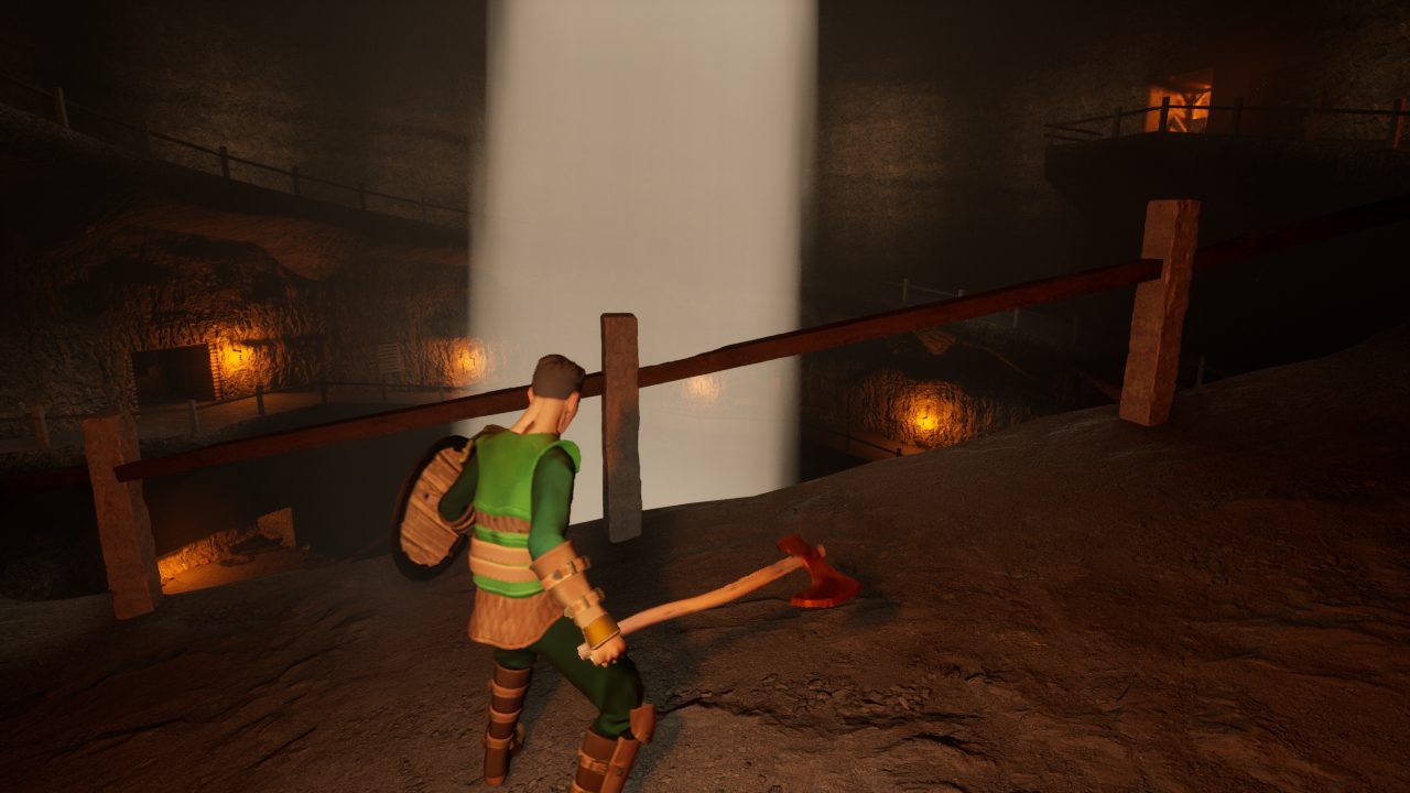 In-engine: Ash on a timber-railed ramp in the Spiral Stope, a narrow shaft of daylight beside him and lanterns below