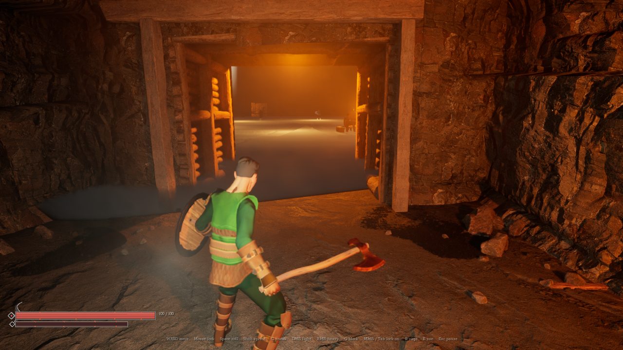 In-engine: Ash before a heavy timbered doorway glowing with warm light