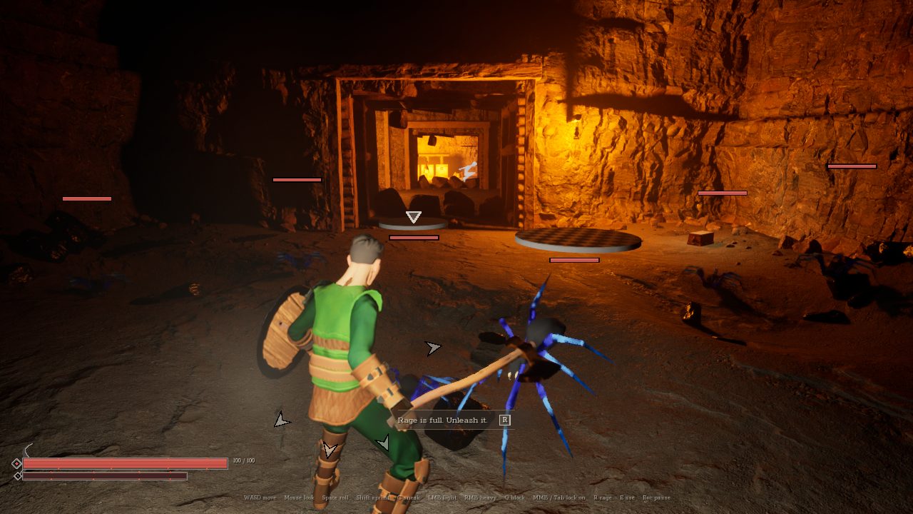 In-engine: Ash fights a crawling enemy in the slag pits, with the prompt 'Rage is full. Unleash it'