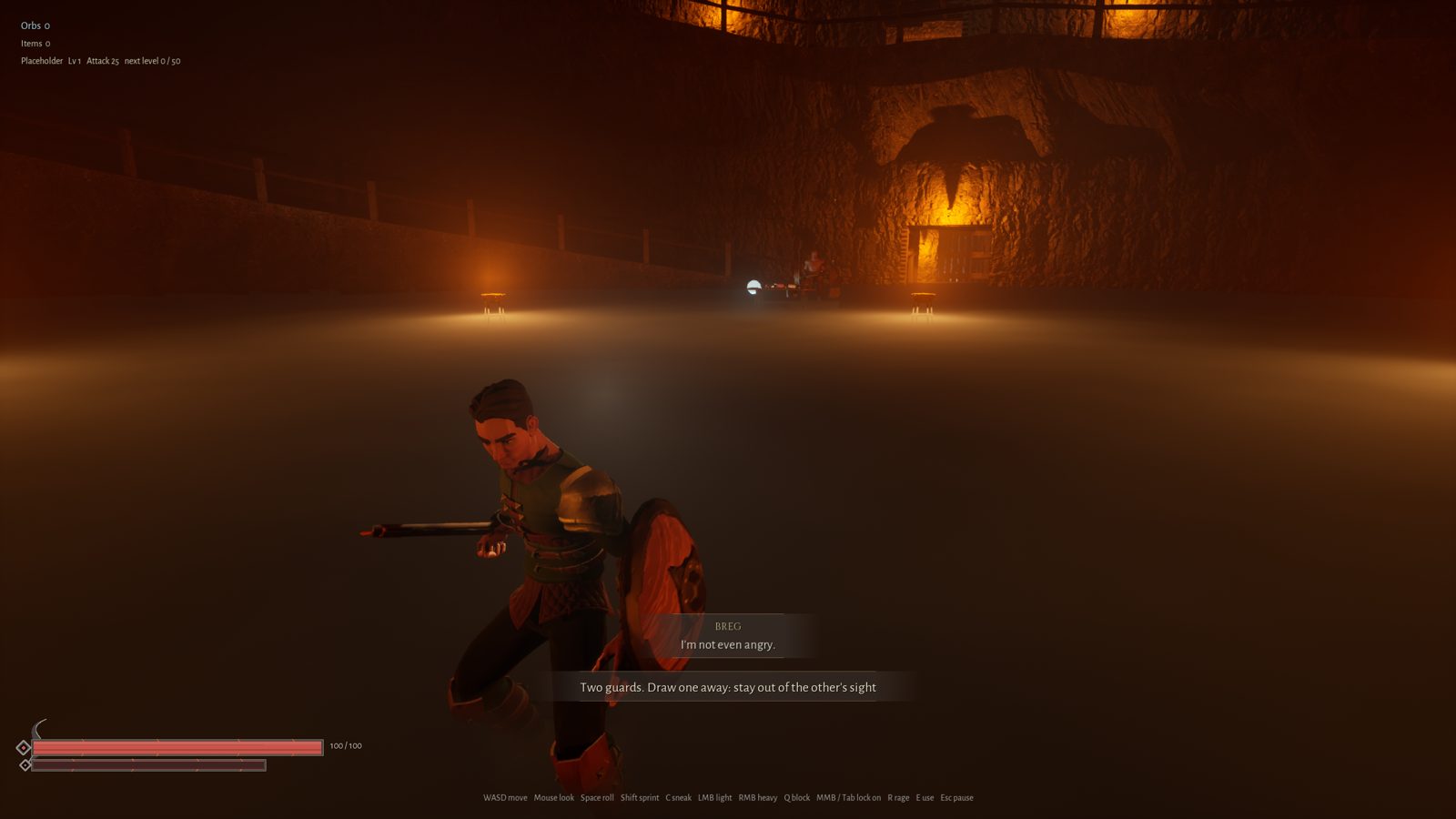 In-engine: Ash in Tregan's hall, a fog-filled mine floor lit by braziers, a guard calling out