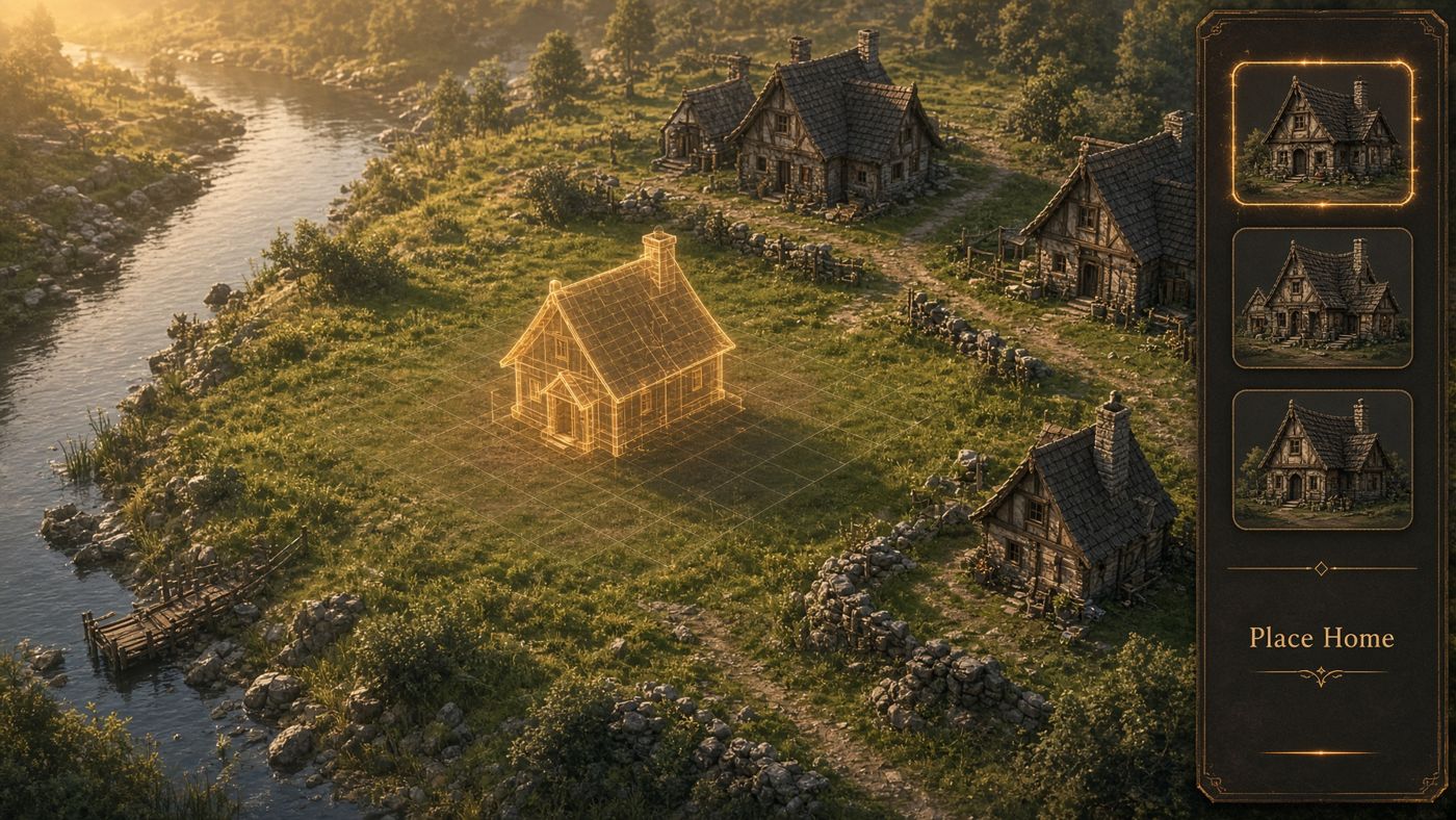 Mock-up of build mode: a glowing outline of a cottage placed on an empty riverside plot, with a slim panel reading Place Home