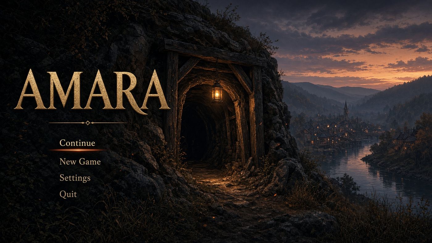 Mock-up of a title screen: AMARA in carved gold letters beside a lantern-lit mine entrance above a river town at dusk, with a menu